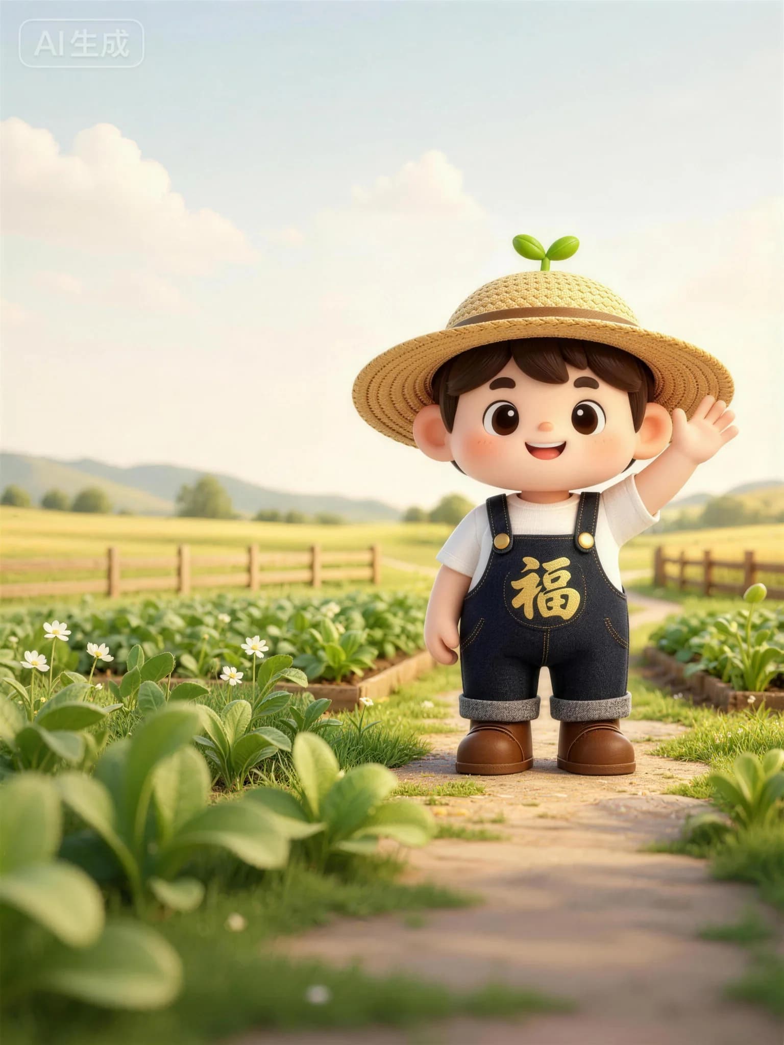 小福站在农田中